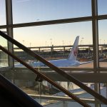 飛行機の窓から顔を出している橋