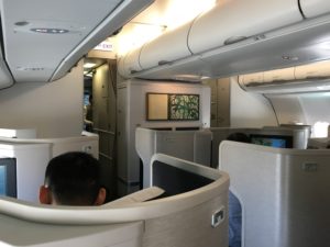 飛行機の座席に座っている